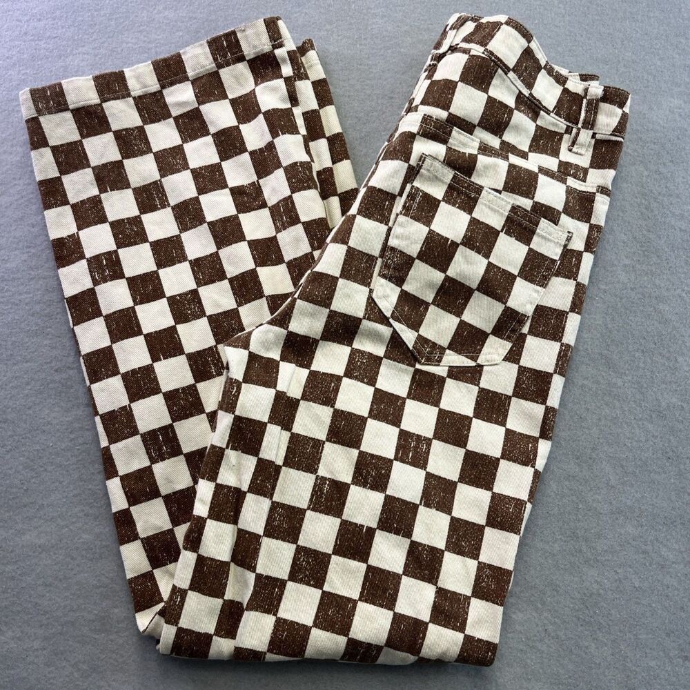 Originality Pants Girls Size L Brown White Checkered Wide Leg Baggy Y2K Skater